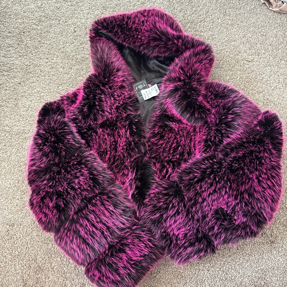AKIRA Vibrant Pink and Black women Faux Fur Jacket
